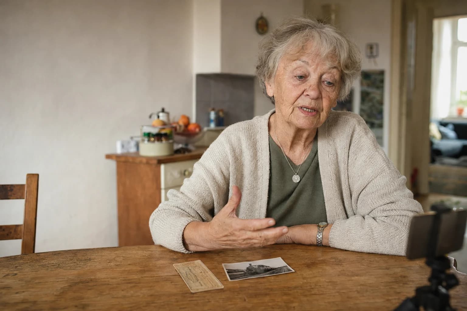 Eine ältere Frau erzählt an ihrem Küchentisch aus ihrem Leben