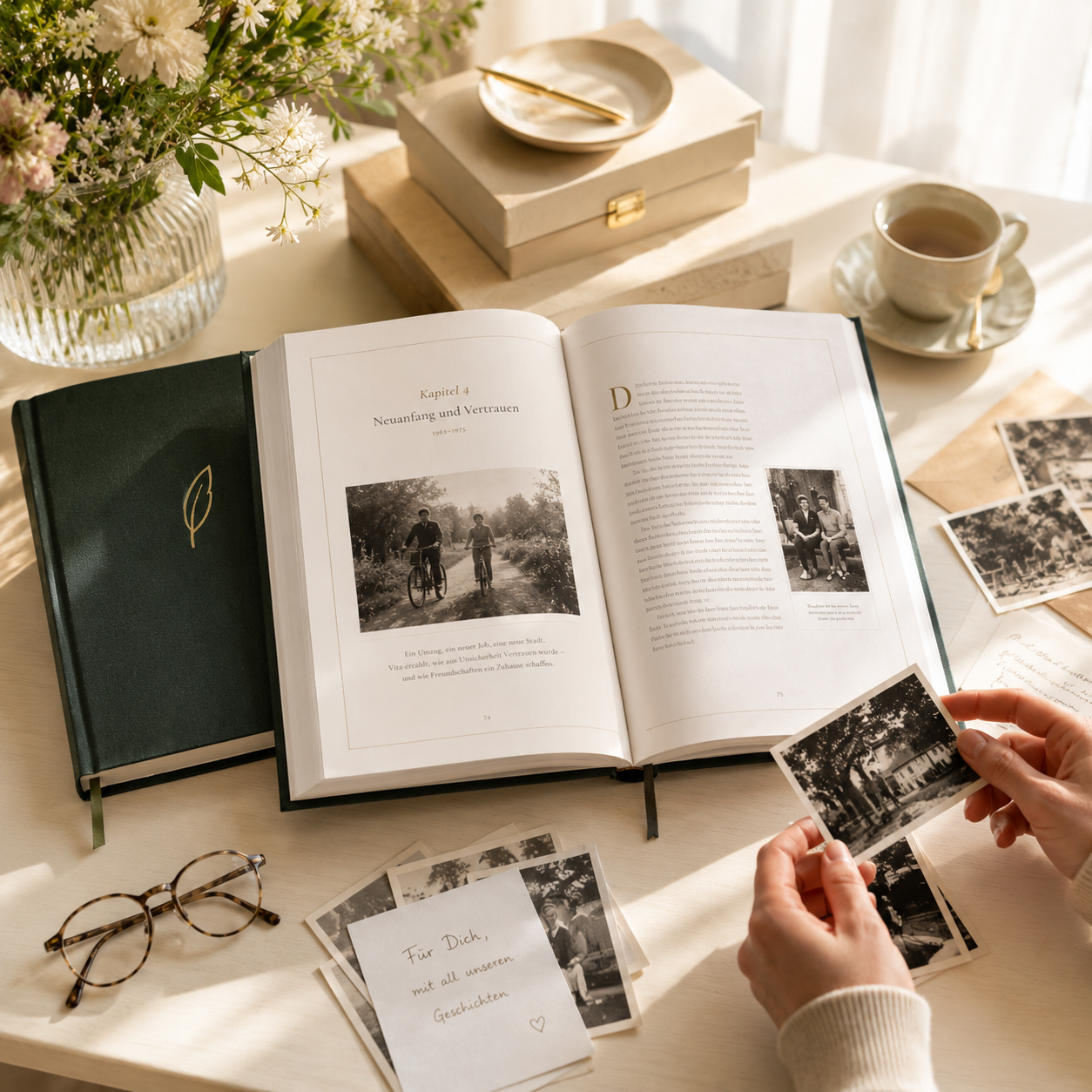 Aufgeschlagenes Biografie-Buch mit Foto und gesetztem Kapiteltext